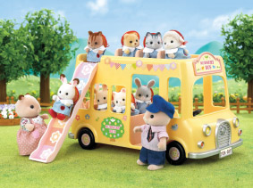 Child Sylvanians exiting their school bus via slippery slide. 